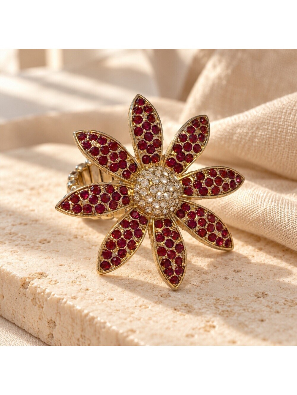 Gold-Tone Red Rhinestone Flower Statement Stretch Ring